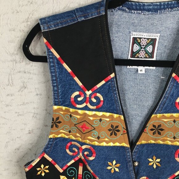 Vintage Hairston Roberson Ropa Vest Womens M  Blue Denim Embroidery Boho Art - Picture 8 of 16
